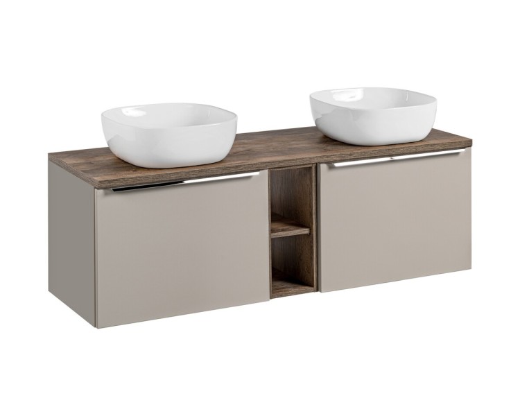 Comad Závěsná skříňka pod umyvadlo SantaFe Smile s deskou a umyvadly 140 cm taupe/dub santa fe vintage